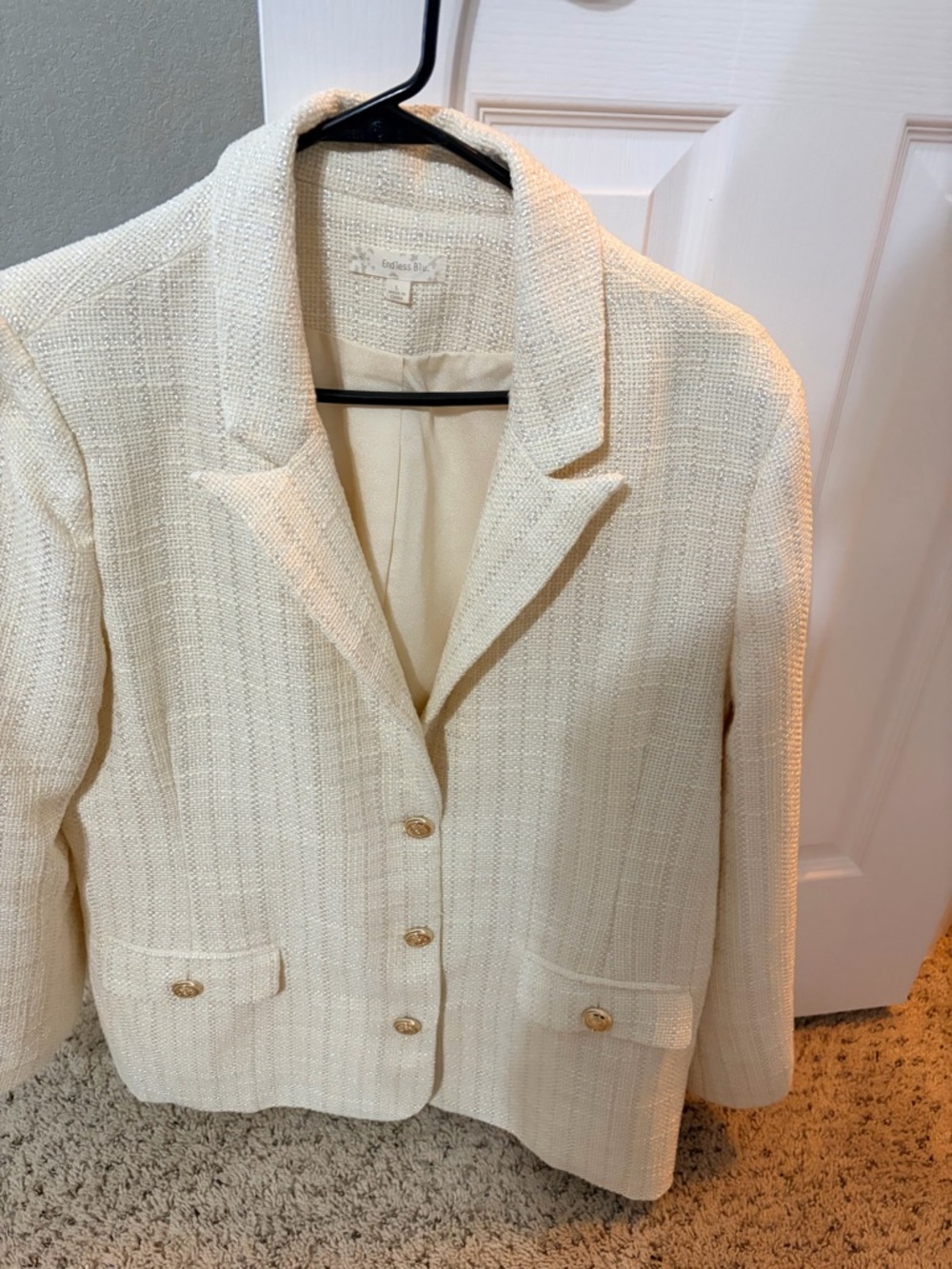London Times Ivory Bouclé Blazer with Gold Buttons